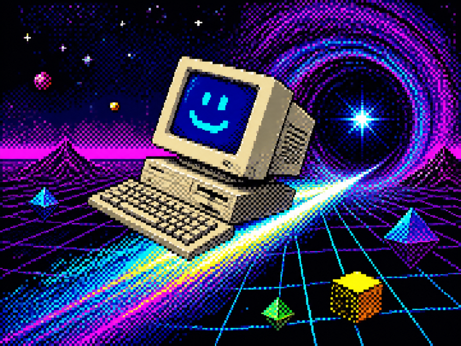 A smiling beige computer surfing through a neon cyberspace grid